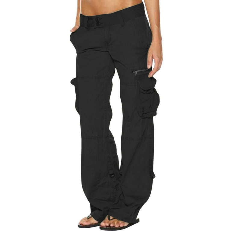 Hfyihgf Cargo Pants Women Low Waist Stretch Baggy Streetwear Jogger Pants  Multiple Pockets Relaxed Fit Straight Wide Leg Combat Trousers(Black,XL)