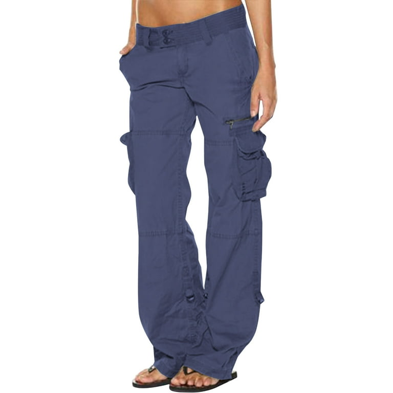 Hfyihgf Cargo Pants Women Low Waist Stretch Baggy Streetwear Jogger Pants  Multiple Pockets Relaxed Fit Straight Wide Leg Combat Trousers(Blue,XL) 