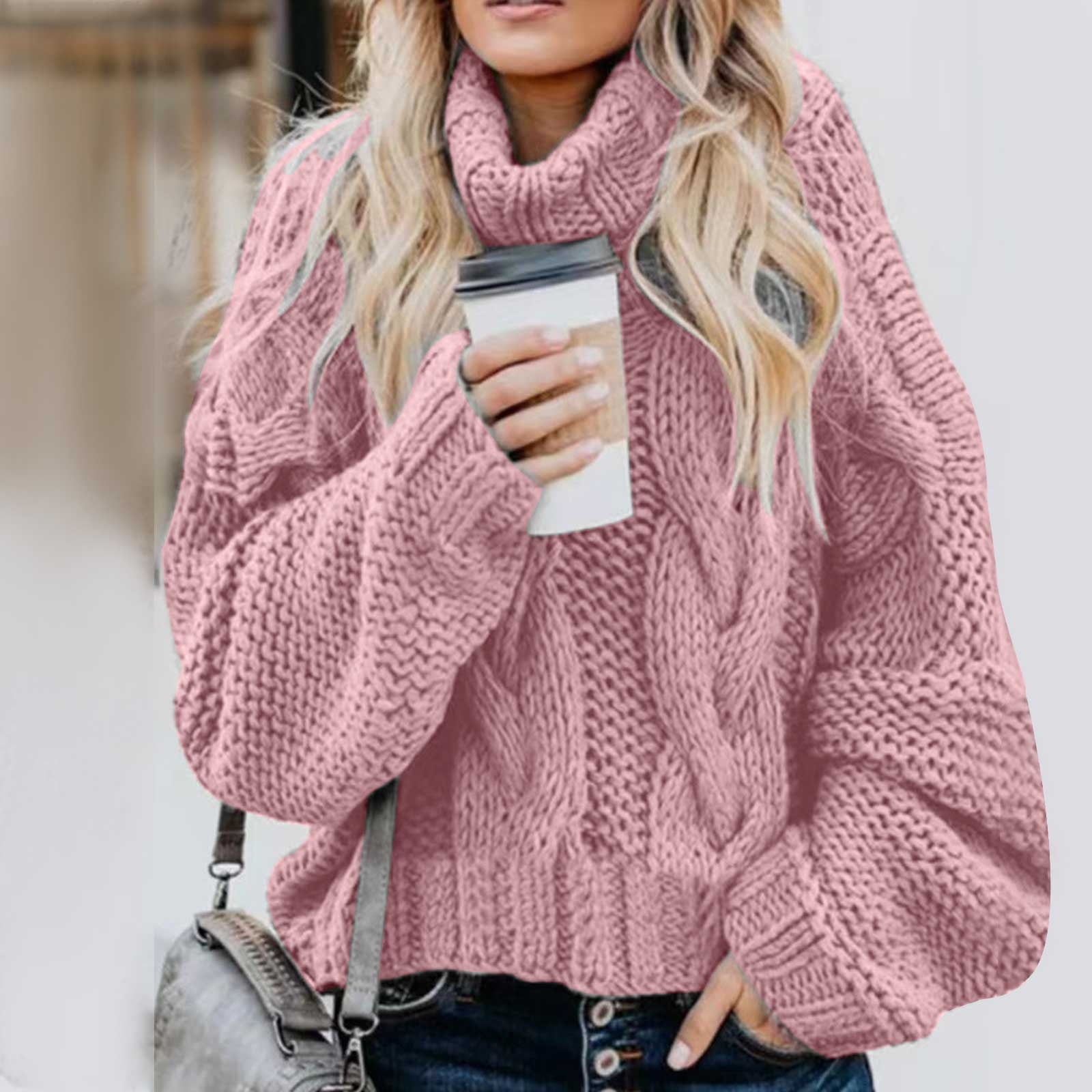 Hfyihgf Casual Knitted Sweater Tops for Women Cable Knit Long Lantern  Sleeve Turtleneck Sweaters Fall Winter Warm Oversized Pullover Jumpers(Pink,S)  