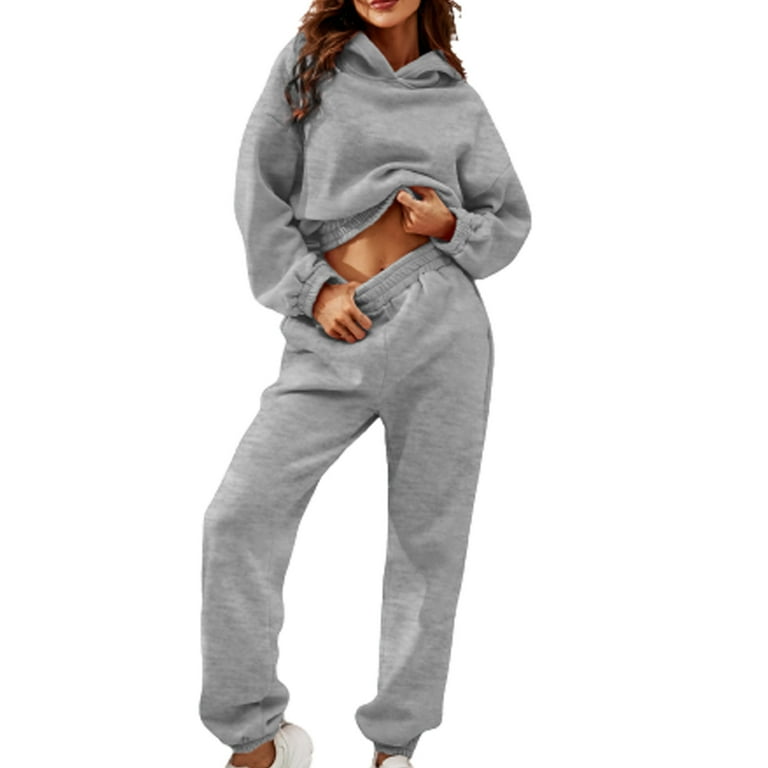 Hfyihgf Casual Tracksuit Sets for Women 2 Piece Solid Color Sweatsuits Outfits Long Sleeve Pullover Cropped Hoodies Sweatpants Jogging Suits Gray L