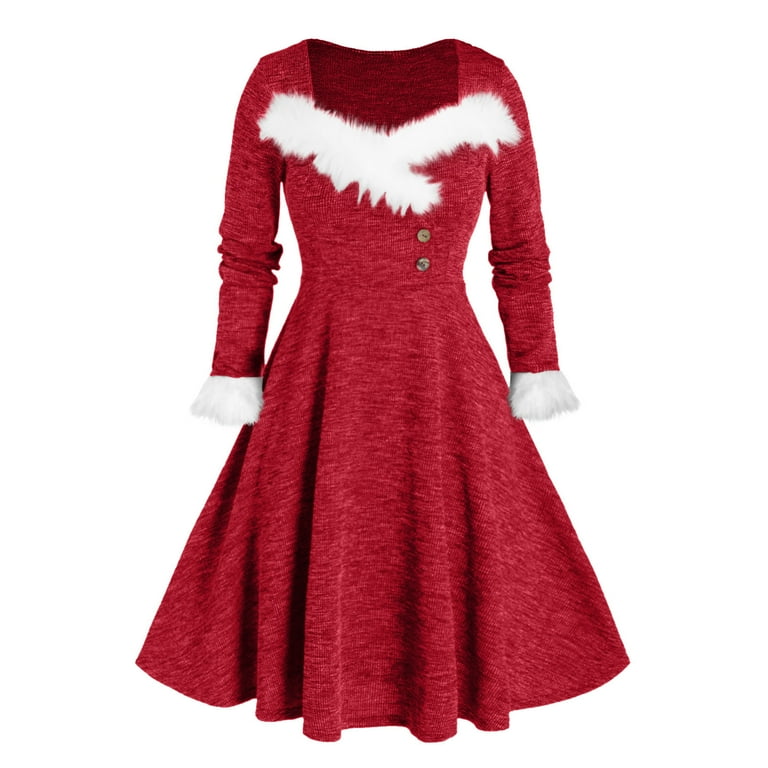 Hfyihgf Christmas Flare Dress for Women Vintage Winter Long Sleeve Fuzzy V Neck Party Casual Dresses Mrs Santa Claus Costume Outfit Red XL