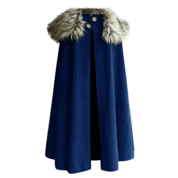 Hfyihgf Cloak Coat for Men Winter Warm Gothic Wool Faux Fur Collar Long Cape Cloak Coats Vintage Fleece Cardigan Jacket Outwear(Blue,S)