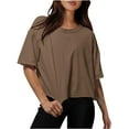 thumbnail image 1 of Hfyihgf Cotton Tshirts for Women Drop Shoulder Round Neck Oversized Crop Tops Solid Color Workout Basic Tees Blouse(Brown,L), 1 of 5