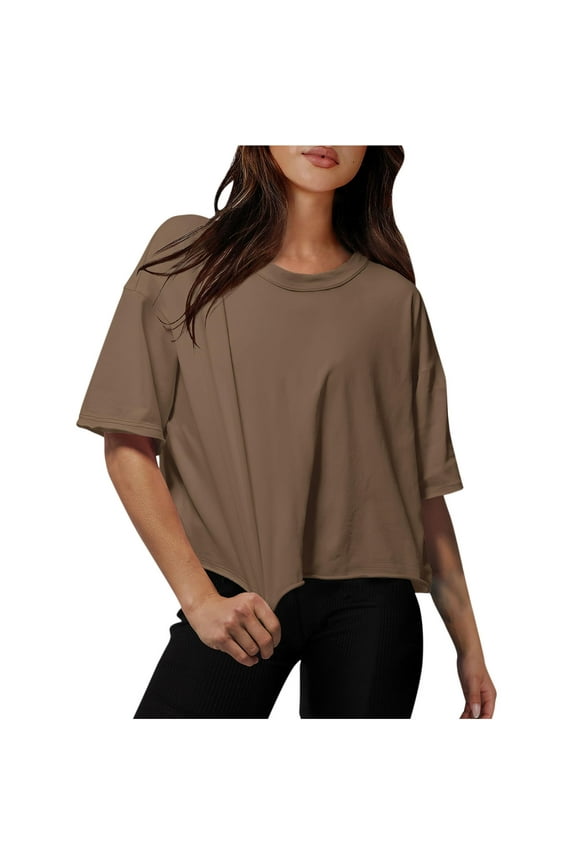 Cotton Tshirts for Women Drop Shoulder Round Neck Oversized Crop Tops Solid Color Workout Basic Tees Blouse(Brown,L)