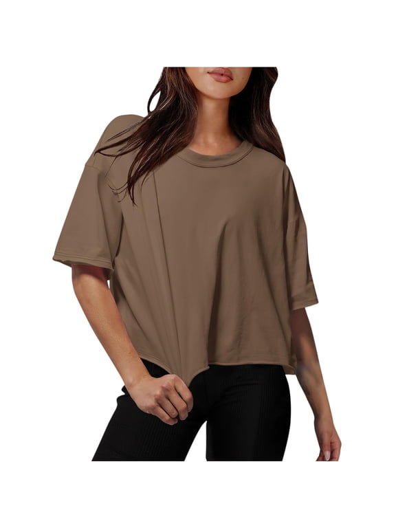 Cotton Tshirts for Women Drop Shoulder Round Neck Oversized Crop Tops Solid Color Workout Basic Tees Blouse(Brown,L)