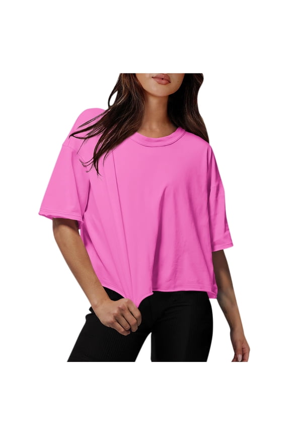 Cotton Tshirts for Women Drop Shoulder Round Neck Oversized Crop Tops Solid Color Workout Basic Tees Blouse(Hot Pink,3XL)