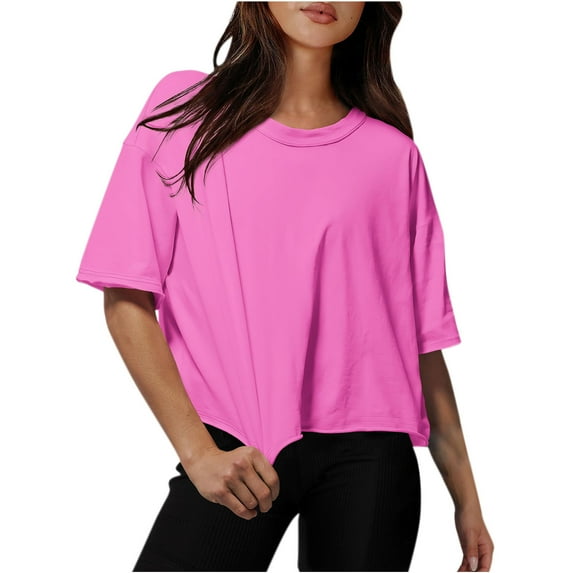 Hfyihgf Cotton Tshirts for Women Drop Shoulder Round Neck Oversized Crop Tops Solid Color Workout Basic Tees Blouse(Hot Pink,XXL)
