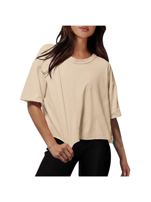 Cotton Tshirts for Women Drop Shoulder Round Neck Oversized Crop Tops Solid Color Workout Basic Tees Blouse(Khaki,M)