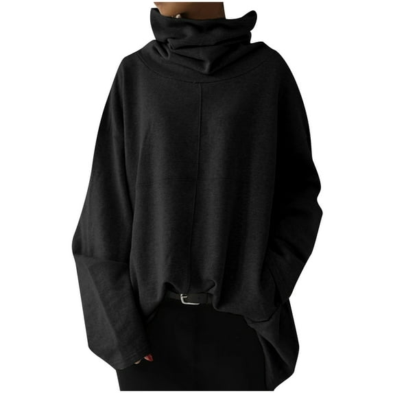 Hfyihgf Cowl Neck Sweatshirts for Women Plus Size Tops Long Sleeve Tunic Blouse Casual Oversized Solid Color Pullover Hoodies(Black,3XL)