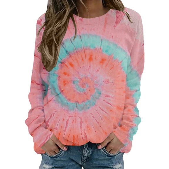 Hfyihgf Fall Winter Tie Dye Long Sleeve Pullover Sweatshirt Tops for Women Casual Stylish Gradient Printed Lightweight Basic T-shirt Top Watermelon Red XXL