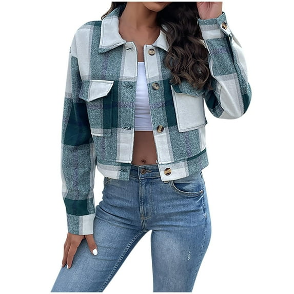 Hfyihgf Flannels for Women Cropped Shacket Jacket Fashion Plaid Button Down Shirt 2024 Fall Outwear Coat Tops(Green,M)