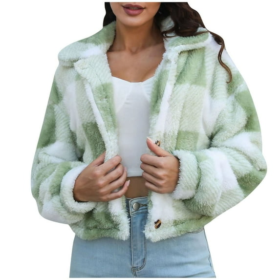 Hfyihgf Fleece Plaid Jackets for Women Plush Lepal Button Up Short Jacket Thick Cardigan Winter Coat Green XL