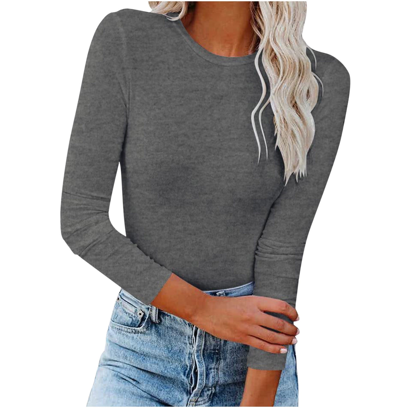 Hfyihgf Going Out Tops for Women Sexy Casual Long Sleeve Solid T Shirt  Crewneck Stretch Slim Fit Spring Fall Tees Top Y2k Clothing(Dark Gray,L) 