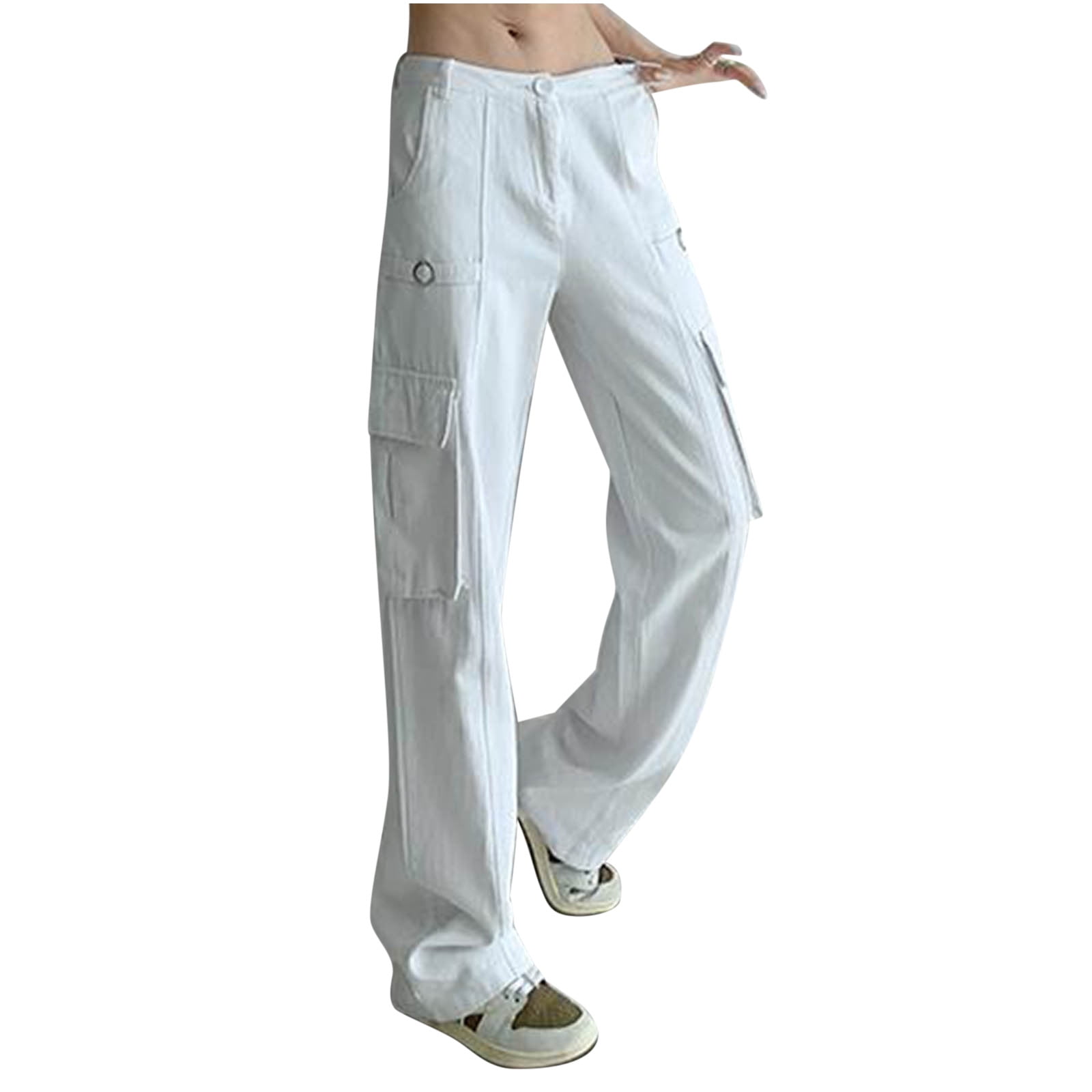 Hfyihgf High Waisted Baggy Jeans for Women Stretch Straight Y2K Trendy Wide  Leg Denim Pants Casual Relaxed Fit Multi-pocket Cargo Pants(White,XL) 