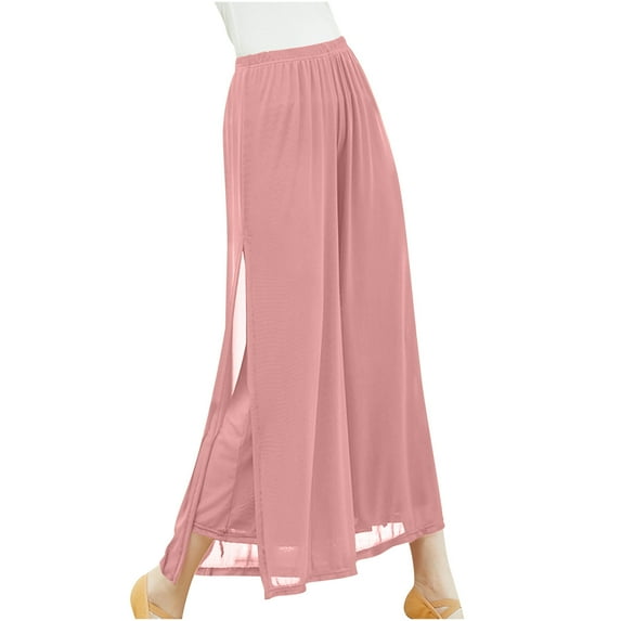 Hfyihgf High Waisted Chiffon Pants for Women Dressy Casual Wide Leg Flowy Long Pants Casual Split Hem Palazzo Lounge Trousers with Pockets(Pink,L)