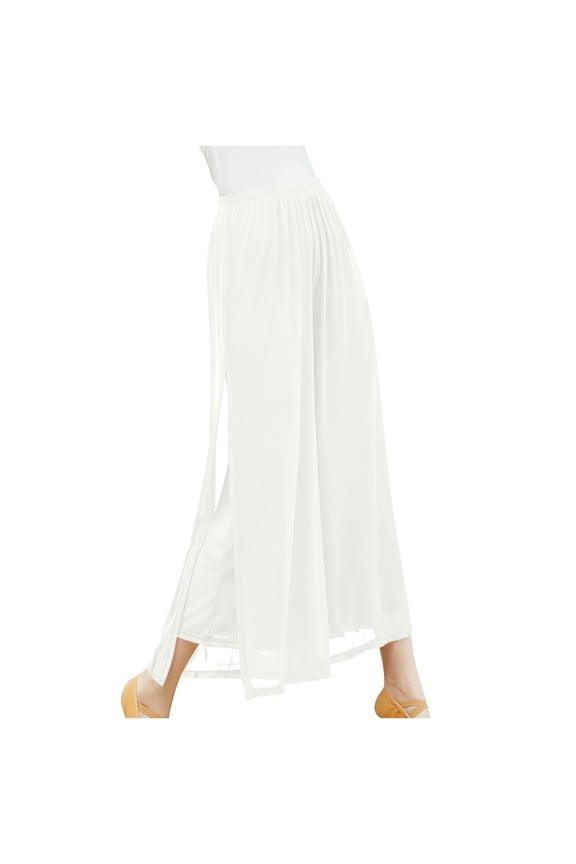 High Waisted Chiffon Pants for Women Dressy Casual Wide Leg Flowy Long Pants Casual Split Hem Palazzo Lounge Trousers with Pockets(White,M)