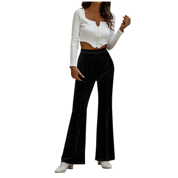 Hfyihgf High Waisted Velvet Flare Pants for Women Elastic Business Casual Work Long Pants Solid Color Bell Bottom Trousers(Black,S)