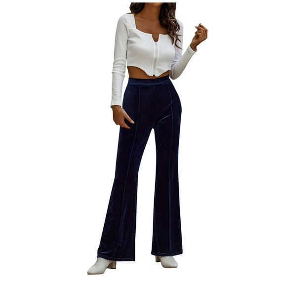 Hfyihgf High Waisted Velvet Flare Pants for Women Elastic Business Casual Work Long Pants Solid Color Bell Bottom Trousers(Navy,L)