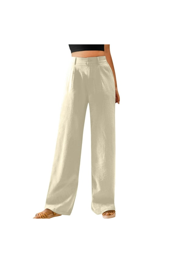 High Waisted Work Pants for Women Business Dressy Casual Office Dress Pants Wide Leg Slacks Trousers with Pockets Beige L