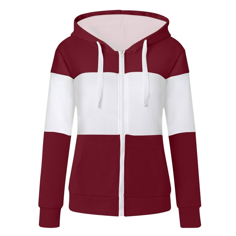 Hfyihgf Hoodies for Women Color Block Hooded Sweatshirt Basic Zip Up Jacket Long Sleeve Top with Pockets Wine L
