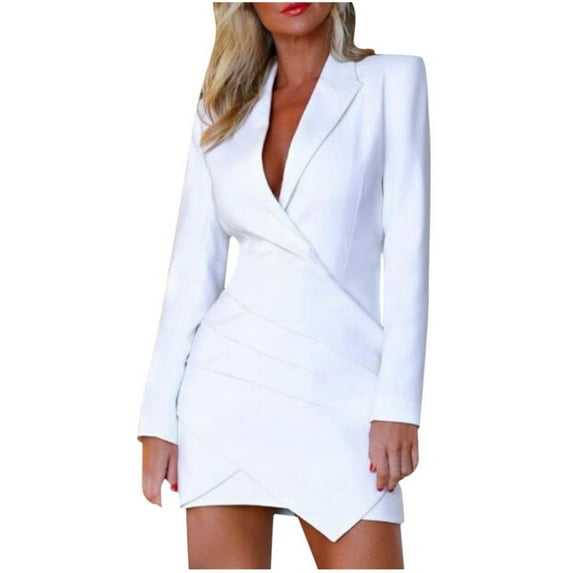 Hfyihgf Ladies Bodycon Blazer Dress Women Slim Fit Long Sleeve Notch Neck Business Work Formal Pencil Dresses(White,S)