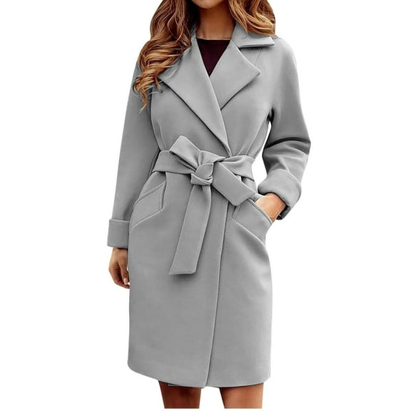 Hfyihgf Long Pea Coat for Women Dressy Trendy Ladies Dress Jacket with Waist Belt Winter Fall Long Sleeve Notch Lapel Trench Coats(Gray,S)