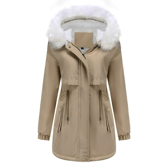 Hfyihgf Long Puffer Jacket Womens Winter Fleece Lined Parka Jacket Plus Size Thick Drawstring Ski Windbreaker Coat Outwear with Fur Hood(Khaki,3XL)