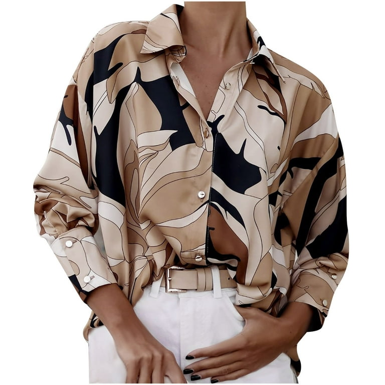 Hfyihgf Long Sleeve Shirts for Women Fashion Elegant Oversized Business  Work Button Down Blouse Floral Print Lightweight V Neck Tops(Beige,S)
