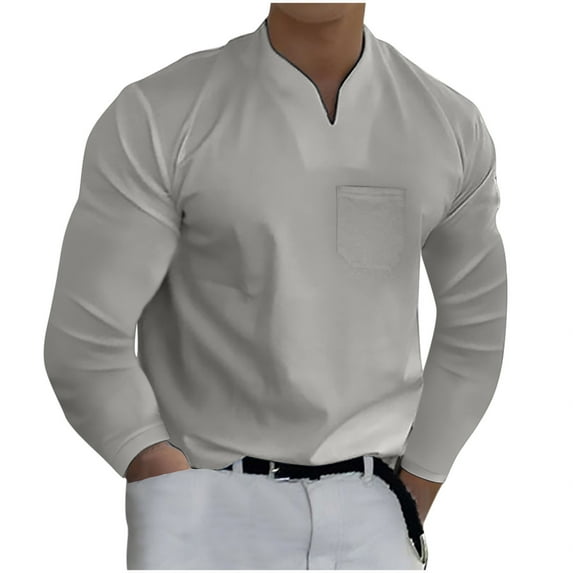 Hfyihgf Long Sleeve V Neck T Shirt Mens Fashion Casual Solid Color Gentleman's Business Work Shirts Long Sleeve Fitness Tees Tops(Gray,L)