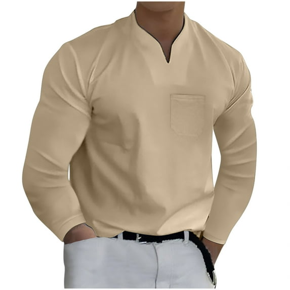 Hfyihgf Long Sleeve V Neck T Shirt Mens Fashion Casual Solid Color Gentleman's Business Work Shirts Long Sleeve Fitness Tees Tops(Khaki,XXL)