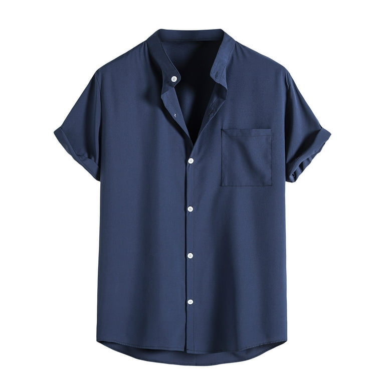Hfyihgf Men's Button Down Shirt Regular Fit Short Sleeve Stand Neck  Business Work Shirt Summer Beach T Shirts(Navy,XL) 
