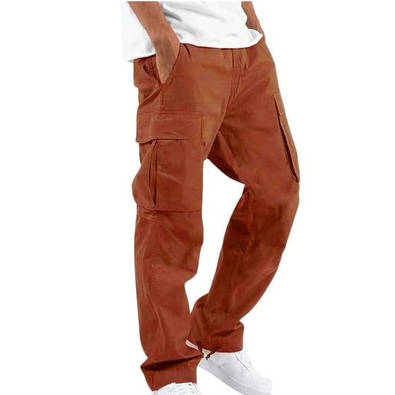 Hfyihgf Men's Cargo Pant Winter Warm Fleece Lined Sweatpants Stretch Elastic Waist Multiple Pockets Sports Pants Fitness Trousers(Orange,S)