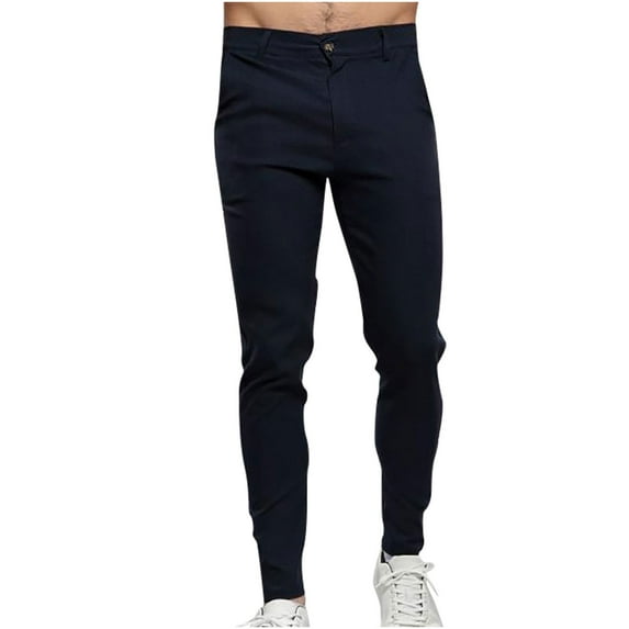 Hfyihgf Men's Classic Office Work Cargo Pants Skinny Straight-Fit Solid Color Casual Trousers with Pockets(Navy,L)