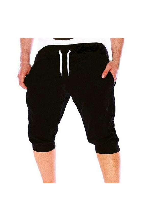 Men's Cotton Casual Sweat Shorts 3/4 Jogger Capri Pants Breathable Below Knee Athletic Track Short Pants with Pockets(Black,L)