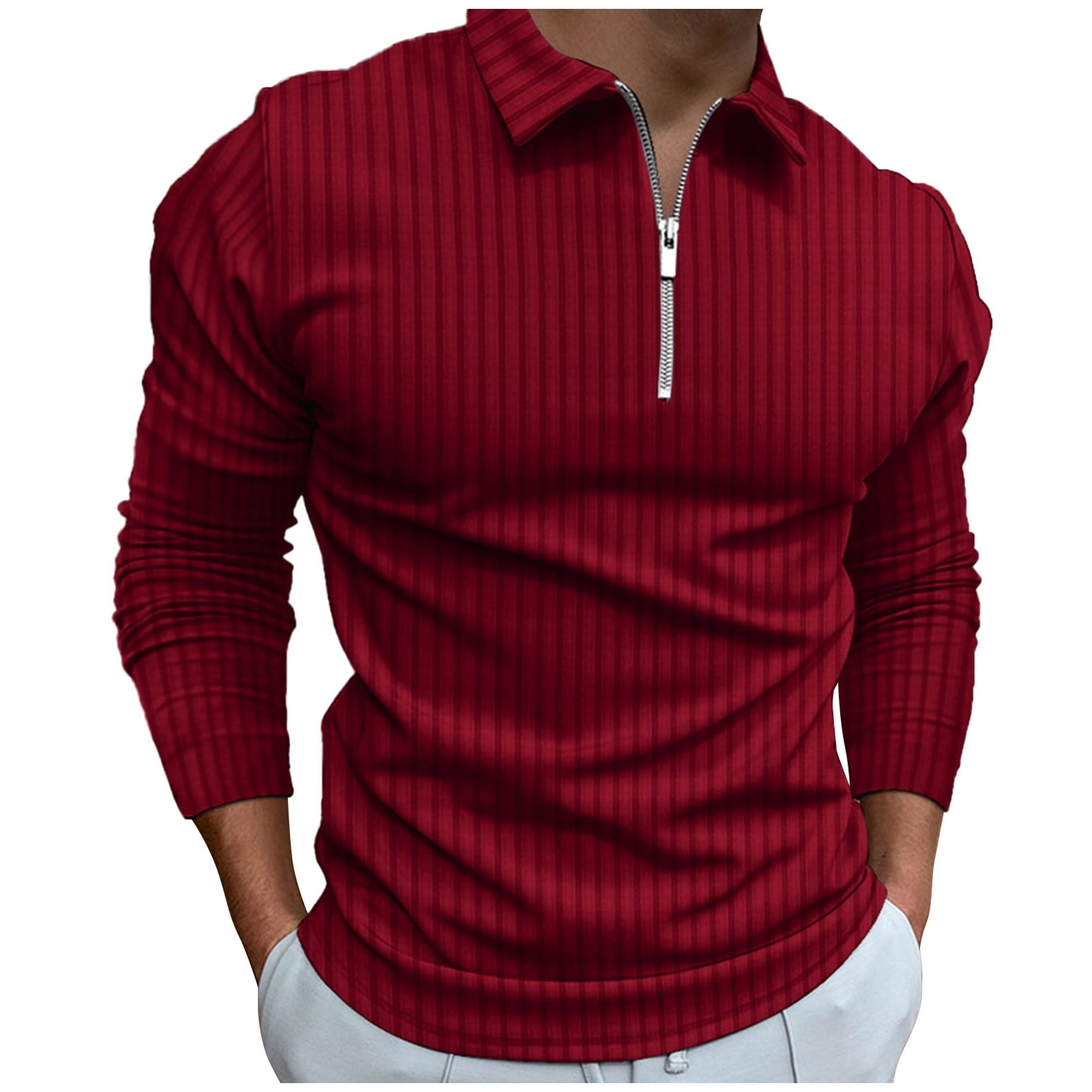 Mens long sleeve red polo shirt with white collar cheap