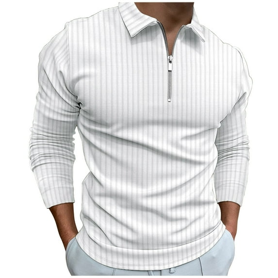 Hfyihgf Men's Fashion Polo Shirts Long Sleeve Zip V Neck Knit Stretch Tshirt Casual Stylish Workout Lapel Collared Slim Fit Muscle Tops(White,M)