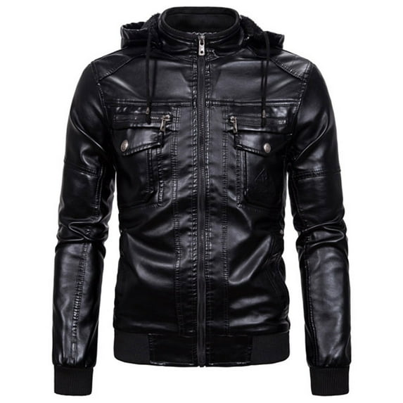 Hfyihgf Men's Faux Leather Jacket Winter Warm Full Zip Fleece Lined Motorcycle Jacket Waterproof Windproof Vintage Bomber Coat with Removable Hood(Black,3XL)