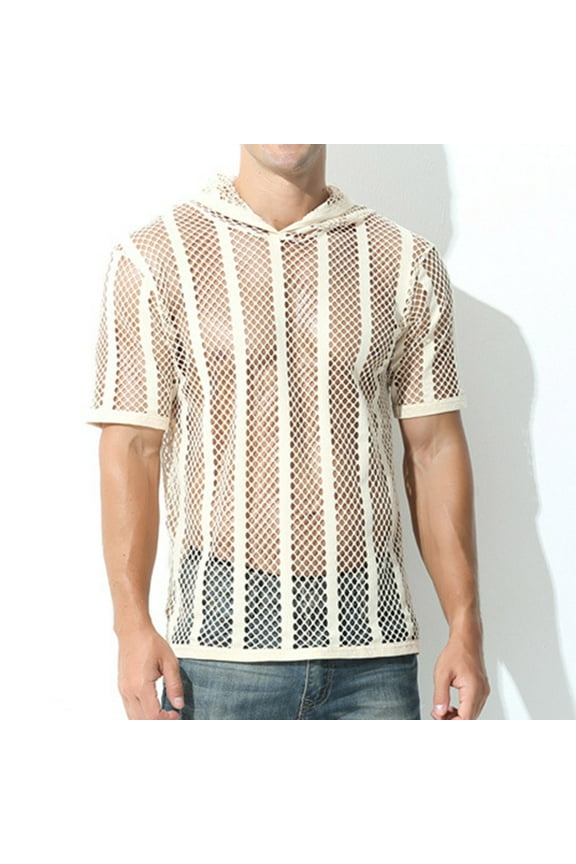 Men's Fishnet See-Through Tops Short Sleeve Muscle Workout T Shirt Mesh Transparent Tees Top with Hood(Beige,L)