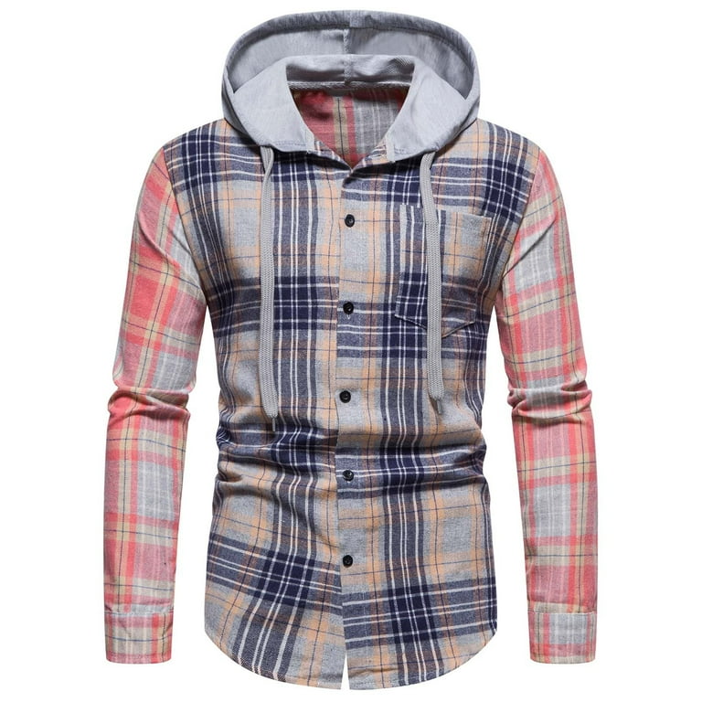 Hfyihgf Men s Hoodie Shirts Plaid Long Sleeve Button Down Lightweight Drawstring Hooded Flannel Shirts Jackets Purple M