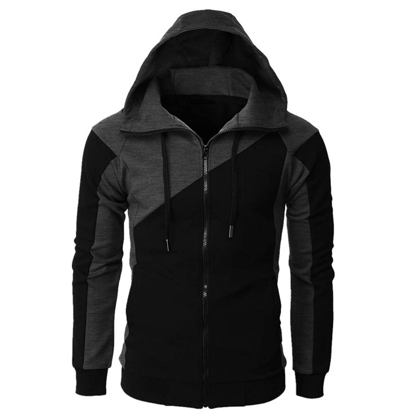 Hfyihgf Men's Jacket Color Block Full Zip Hoodie Long Sleeve Slim Fit  Lightweight Gym Sports Hooded Sweatshirt Coat with Pocket(Black,XL)