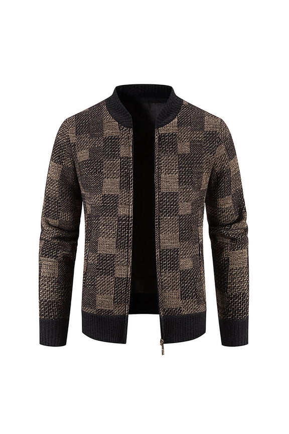 Men's Knitted Plaid Cardigan Sweater Soft Brushed Flannel Lining Jacket Thicken Full Zip Sweaters Coat for Casual or Dressy(Coffee,L)