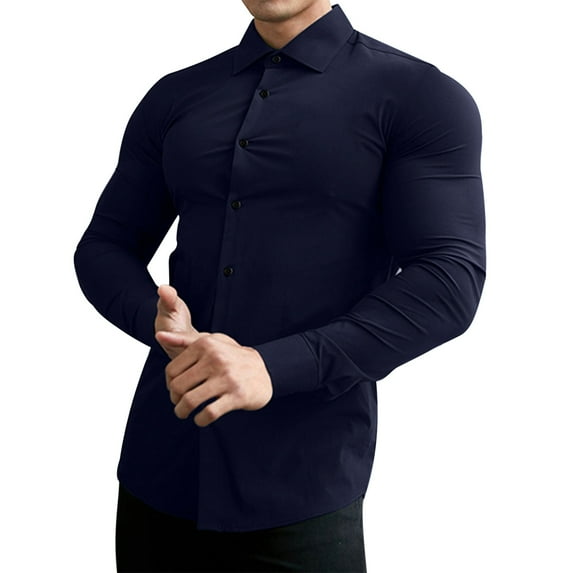 Hfyihgf Men's Muscle Fit Dress Shirts Wrinkle-Free Solid Long Sleeve Formal Shirt Business Casual Button Down Shirt(Navy,L)