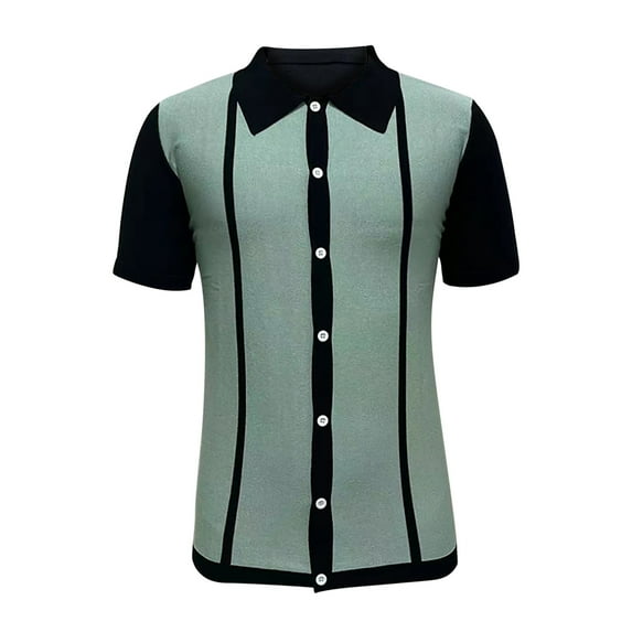 Hfyihgf Men's Polo Shirts Retro Knit Shirt 70s Vintage Striped Knit Cardigan Shirt Short Sleeve Button Down Golf Shirts(Light Blue,L)