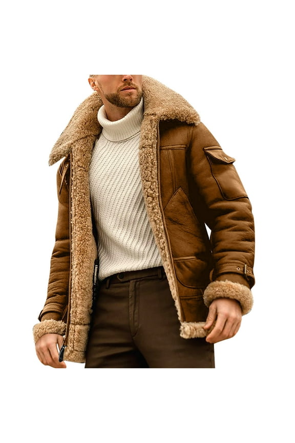 Men's Sherpa Fleece Lined Suede Leather Jacket Full Zip Warm Winter Plus Size Faux Fur Lapel Collar Bomber Coat with Pockets(Brown,4XL)