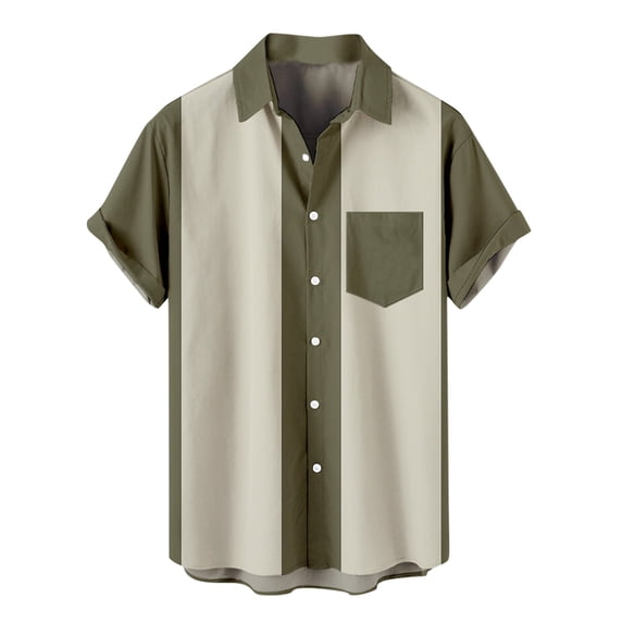Hfyihgf Men's Short Sleeve Button Down Vintage Bowling Shirts Hawaiian Casual Stripe Printed Beach Shirt Summer Regular Fit Tops(Khaki,4XL)