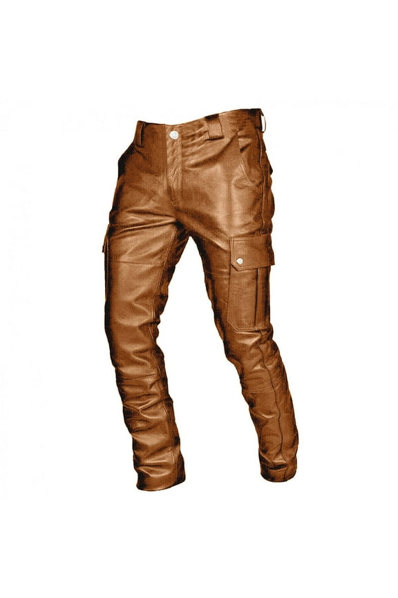 Men's Stretch Faux Leather Biker Pants Slim Fit Fashion Autumn Winter Punk Retro Goth Hip Hop Trousers(Brown,4XL)