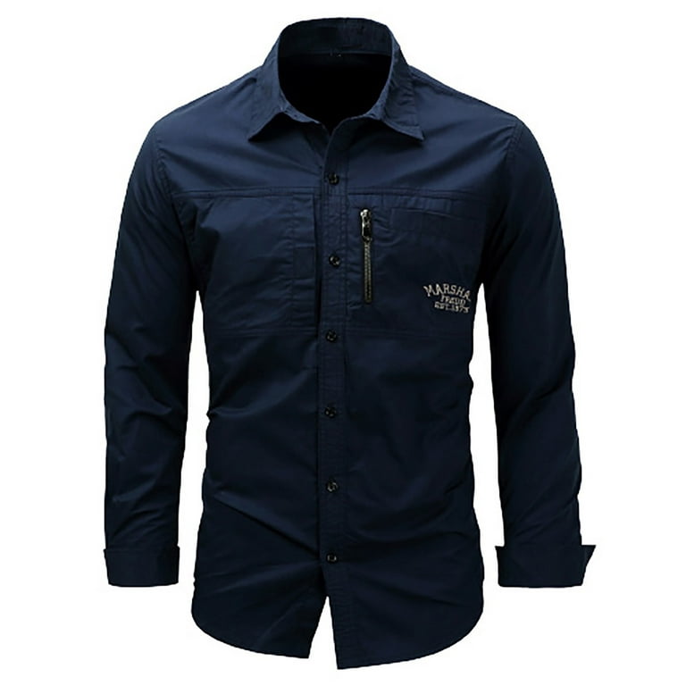 Hfyihgf Men's Tactical Cargo Work Shirt Military Casual Slim Fit Long  Sleeve Button Down Dress Shirts Tops(Dark Blue,L) 