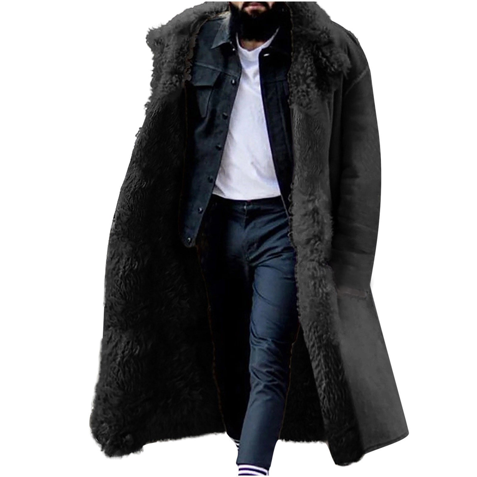 Winter Mens Faux Fur Overcoat Fur Collar Jacket Outdoor Trench Coat Parka