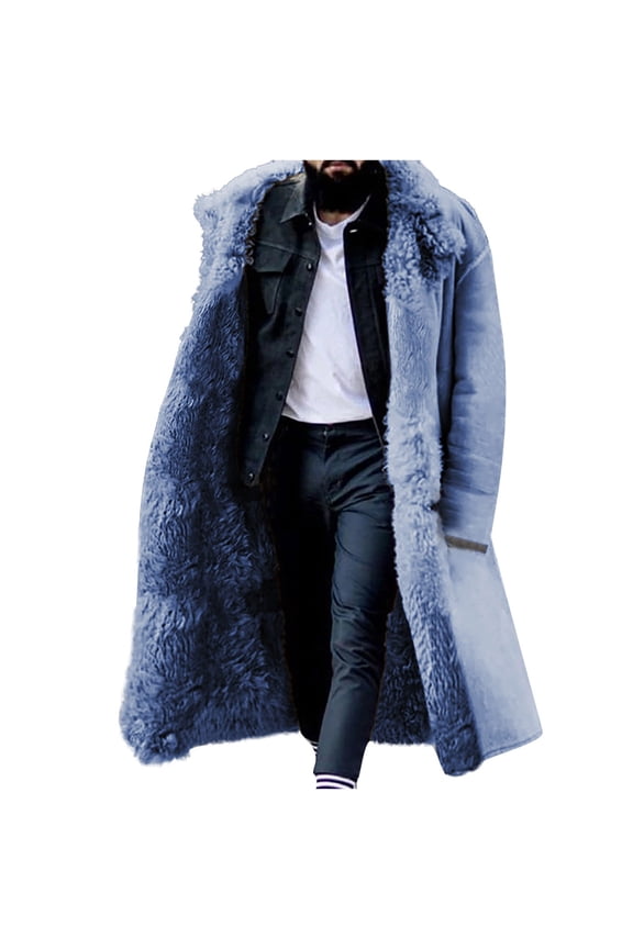 Men's Warm Furry Outwear Thicken Winter Trench Overcoat Faux Fur Collar Coats Single Breasted Business Long Pea Coat(Blue,4XL)