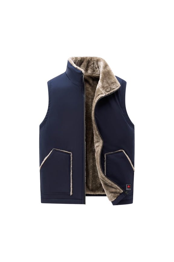 Men's Winter Sherpa Fleece Lined Vest Plus Size Sleeveless Full Zipper Stand Collar Warm Vest Thick Outdoor Solid Waistcoat(Blue,L)